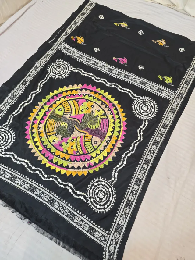 Jet Black Blended Bangalore Silk Saree with Handcrafted Fusion Kantha Stitch Fish Mandala Pallu