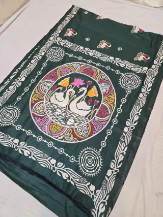 Bottle Green Blended Bangalore Silk Saree with Handcrafted Fusion Kantha Stitch Swan Pond Mandala Pallu