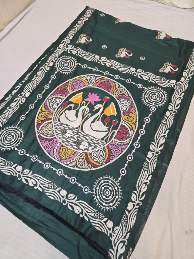 Bottle Green Blended Bangalore Silk Saree with Handcrafted Fusion Kantha Stitch Swan Pond Mandala Pallu