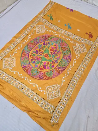 Mustard Yellow Blended Bangalore Silk Saree with Handcrafted Fusion Kantha Stitch Bird Tree of Life Mandala Pallu