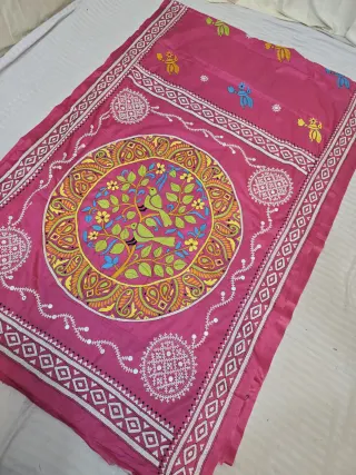 Rose Pink Blended Bangalore Silk Saree with Handcrafted Fusion Kantha Stitch Bird Tree of Life Mandala Pallu