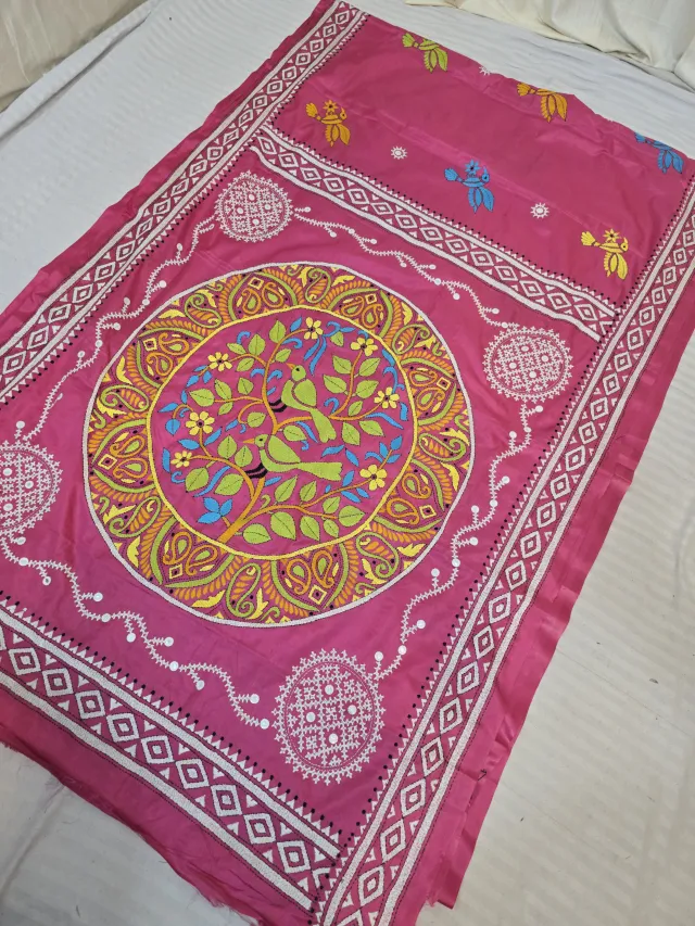 Rose Pink Blended Bangalore Silk Saree with Handcrafted Fusion Kantha Stitch Bird Tree of Life Mandala Pallu