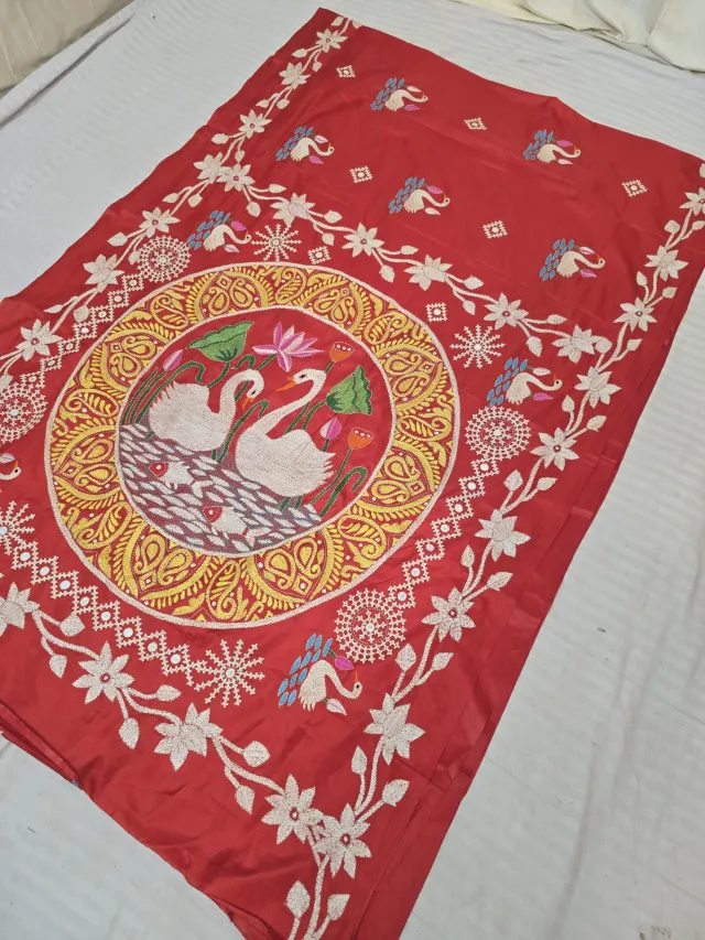 Crimson Red Blended Bangalore Silk Saree with Handcrafted Fusion Kantha Stitch Swan Pond Mandala Pallu