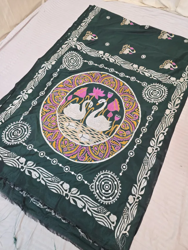 Spruce Green Blended Bangalore Silk Saree with Handcrafted Fusion Kantha Stitch Swan Pond Mandala Pallu