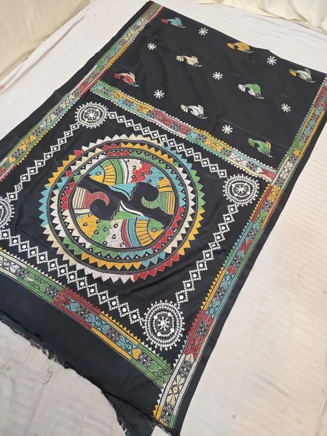 Jet Black Blended Bangalore Silk Saree with Handcrafted Fusion Kantha Stitch Fish Mandala Pallu