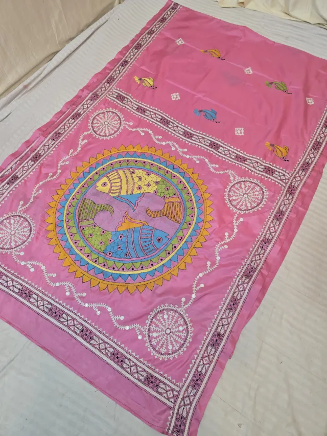 Baby Pink Blended Bangalore Silk Saree with Handcrafted Fusion Kantha Stitch Fish Mandala Pallu