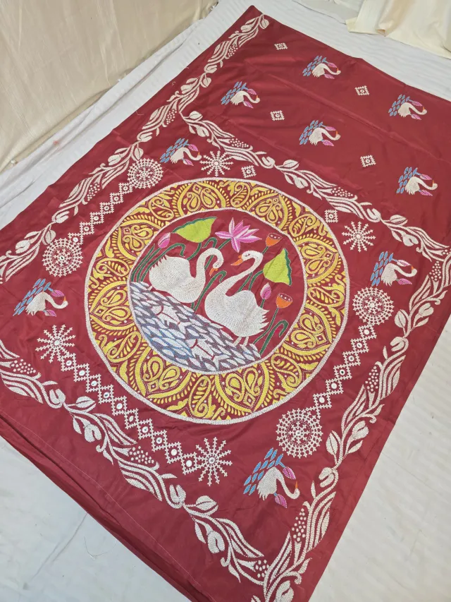 Deep Maroon Blended Bangalore Silk Saree with Handcrafted Fusion Kantha Stitch Swan Pond Mandala Pallu