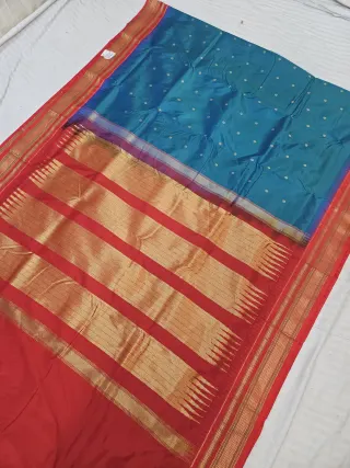 Peacock Blue Replica Paithani Soft Silk Saree with Crimson Red Contrast Zari Pallu