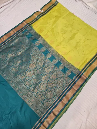 Lime Yellow Replica Paithani Soft Silk Saree with Peacock Teal Contrast Zari Pallu