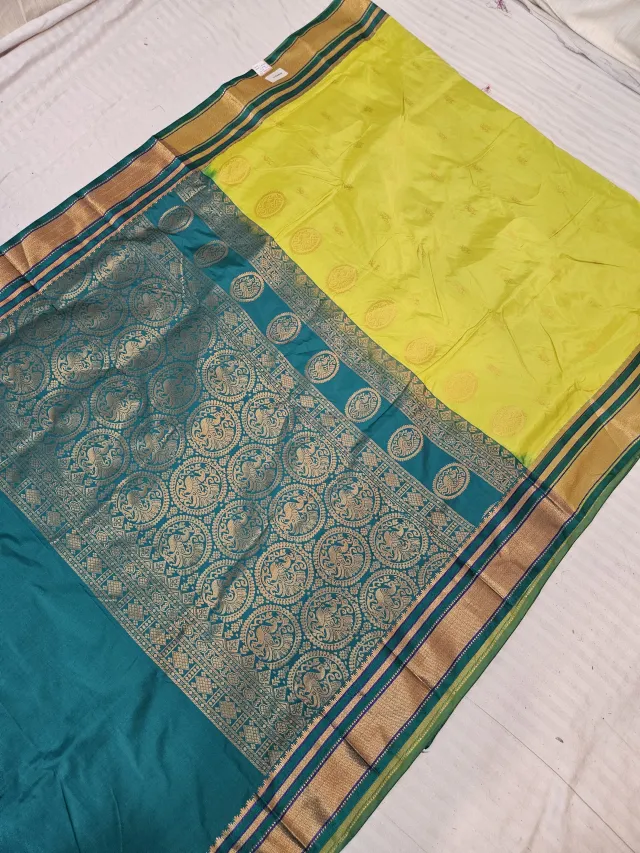 Lime Yellow Replica Paithani Soft Silk Saree with Peacock Teal Contrast Zari Pallu