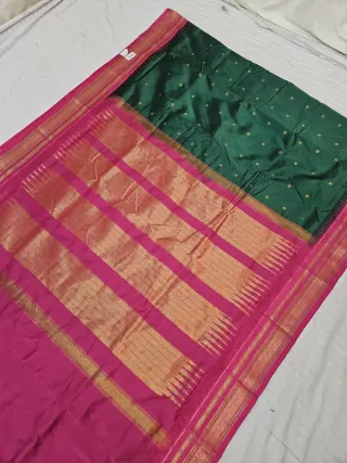 Emerald Green Replica Paithani Soft Silk Saree with Rose Pink Contrast Zari Pallu