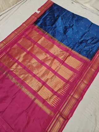 Royal Blue Replica Paithani Soft Silk Saree with Rani Pink Contrast Zari Pallu