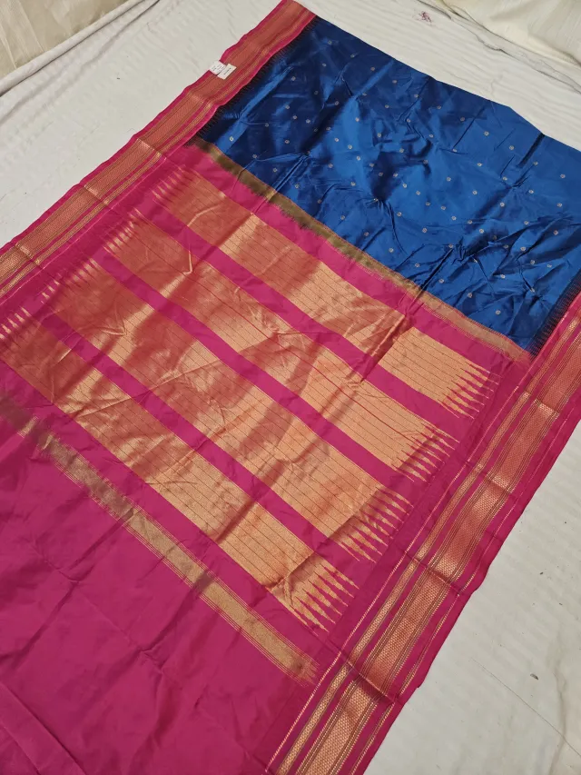 Royal Blue Replica Paithani Soft Silk Saree with Rani Pink Contrast Zari Pallu
