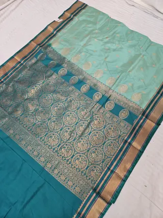 Seafoam Green Replica Paithani Soft Silk Saree with Peacock Teal Contrast Zari Pallu