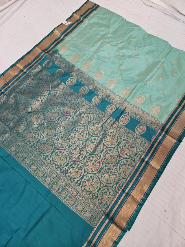 Seafoam Green Replica Paithani Soft Silk Saree with Peacock Teal Contrast Zari Pallu