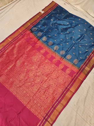 Peacock Blue Replica Paithani Soft Silk Saree with Rani Pink Contrast Zari Pallu