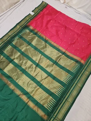 Rani Pink Replica Paithani Soft Silk Saree with Emerald Green Contrast Zari Pallu
