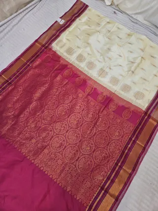Off-White Replica Paithani Soft Silk Saree with Rani Pink Contrast Zari Pallu