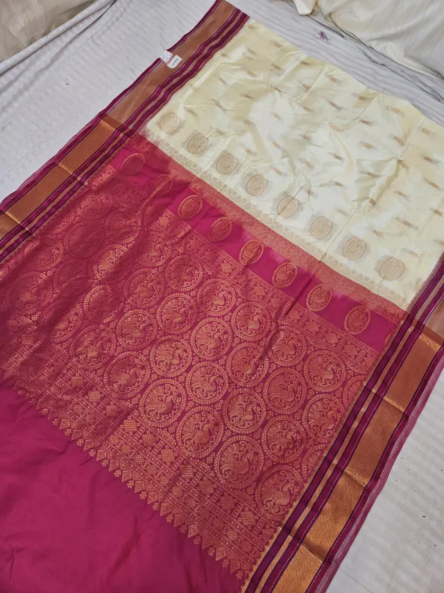 Off-White Replica Paithani Soft Silk Saree with Rani Pink Contrast Zari Pallu