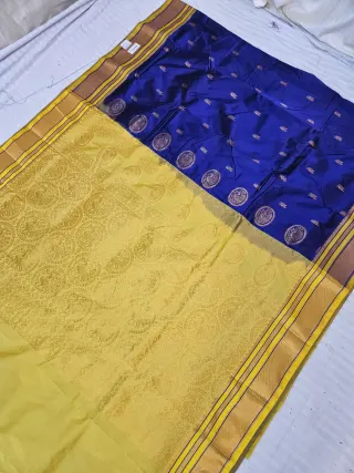 Royal Blue Replica Paithani Soft Silk Saree with Golden Yellow Contrast Zari Pallu