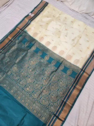 Off-White Replica Paithani Soft Silk Saree with Peacock Teal Contrast Zari Pallu