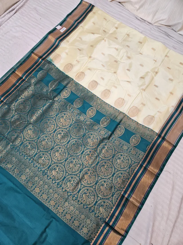 Off-White Replica Paithani Soft Silk Saree with Peacock Teal Contrast Zari Pallu