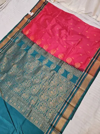 Rani Pink Replica Paithani Soft Silk Saree with Peacock Teal Contrast Zari Pallu