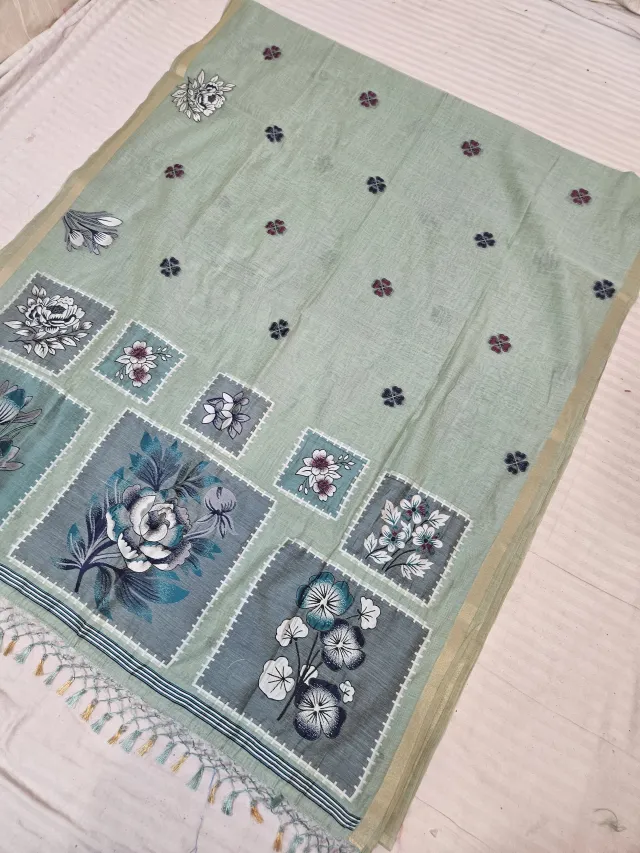 Pista Green Soft Silk Muslin Cotton Linen Saree with Mosaic Floral Pallu