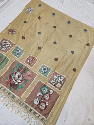 Warm Beige Soft Silk Muslin Cotton Linen Saree with Mosaic Floral Pallu