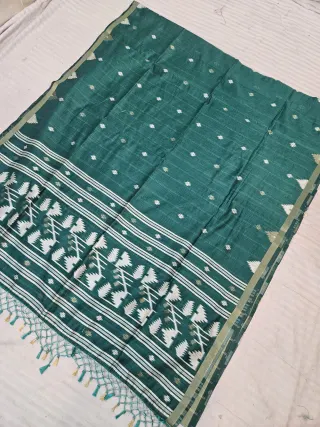 Bottle Green Soft Silk Muslin Cotton Linen Saree with Geometric Zari Pallu