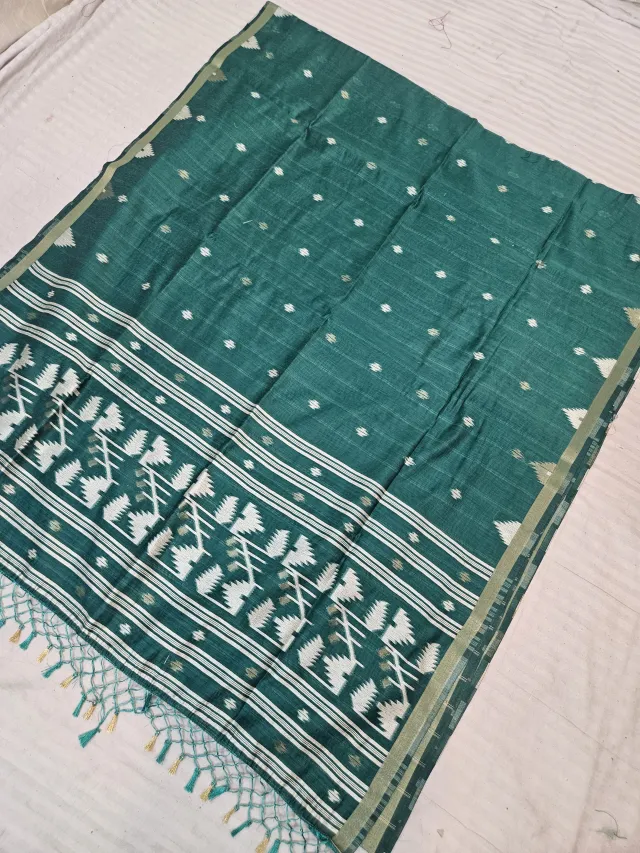 Bottle Green Soft Silk Muslin Cotton Linen Saree with Geometric Zari Pallu