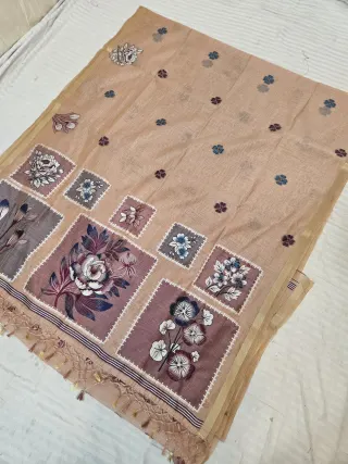 Chandan Soft Silk Muslin Cotton Linen Saree with Botanic Mosaic Art Pallu