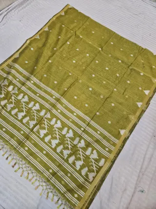 Olive Green & Mustard Yellow Dual Tone Soft Silk Muslin Cotton Linen Saree with Geometric Zari Pallu
