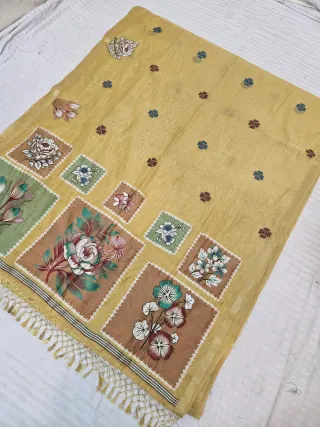 Mustard Yellow Soft Silk Muslin Cotton Linen Saree with Mosaic Floral Pallu
