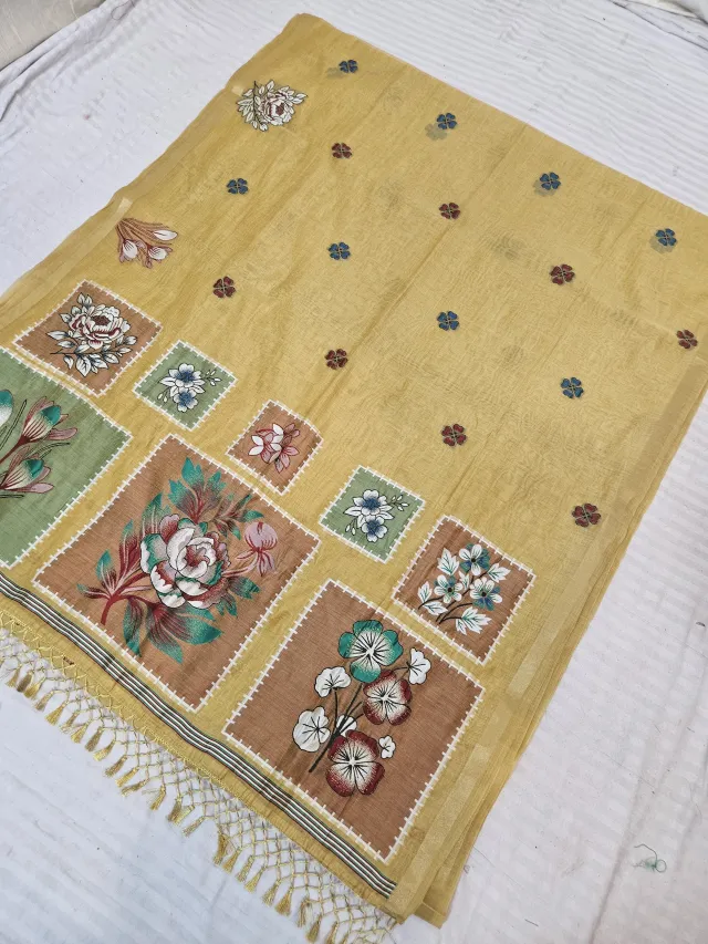 Mustard Yellow Soft Silk Muslin Cotton Linen Saree with Mosaic Floral Pallu