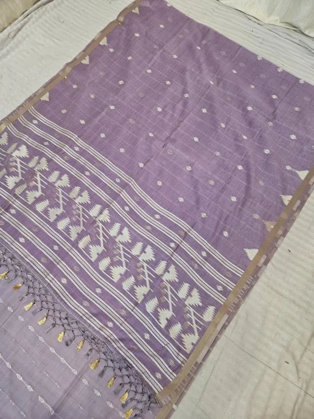 Lavender Soft Silk Muslin Cotton Linen Saree with Geometric Zari Pallu