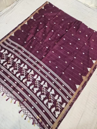 Deep Maroon Soft Silk Muslin Cotton Linen Saree with Geometric Zari Pallu