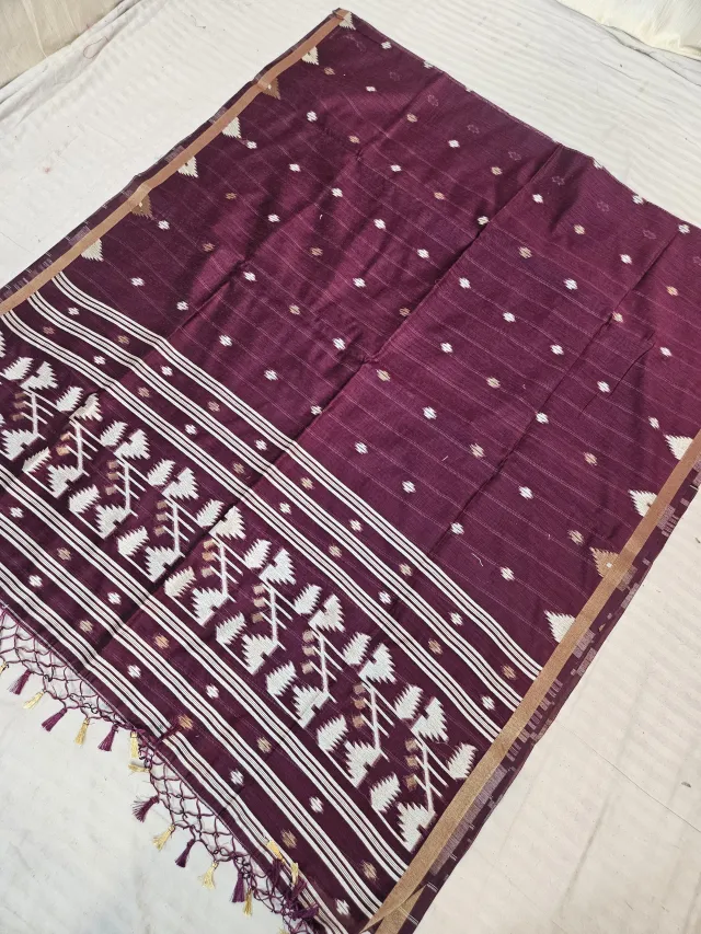Deep Maroon Soft Silk Muslin Cotton Linen Saree with Geometric Zari Pallu