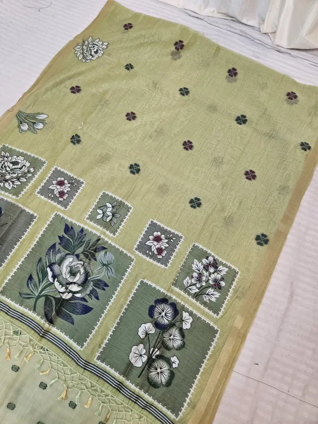 Light Pista Green Soft Silk Muslin Cotton Linen Saree with Mosaic Floral Pallu