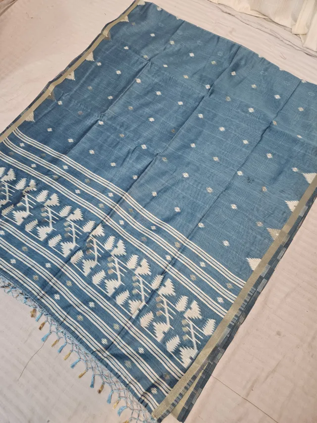 Rama Green Soft Silk Muslin Cotton Linen Saree with Geometric Zari Pallu