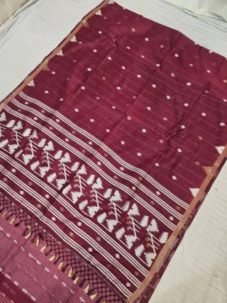 Reddish Maroon Soft Silk Muslin Cotton Linen Saree with Geometric Zari Pallu