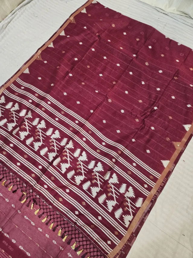 Reddish Maroon Soft Silk Muslin Cotton Linen Saree with Geometric Zari Pallu