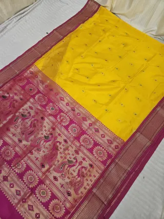 Haldi Yellow Soft Silk Paithani Saree with Rani Pink KP Hand Meenakari Mor Pallu