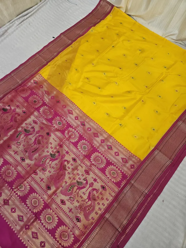 Haldi Yellow Soft Silk Paithani Saree with Rani Pink KP Hand Meenakari Mor Pallu
