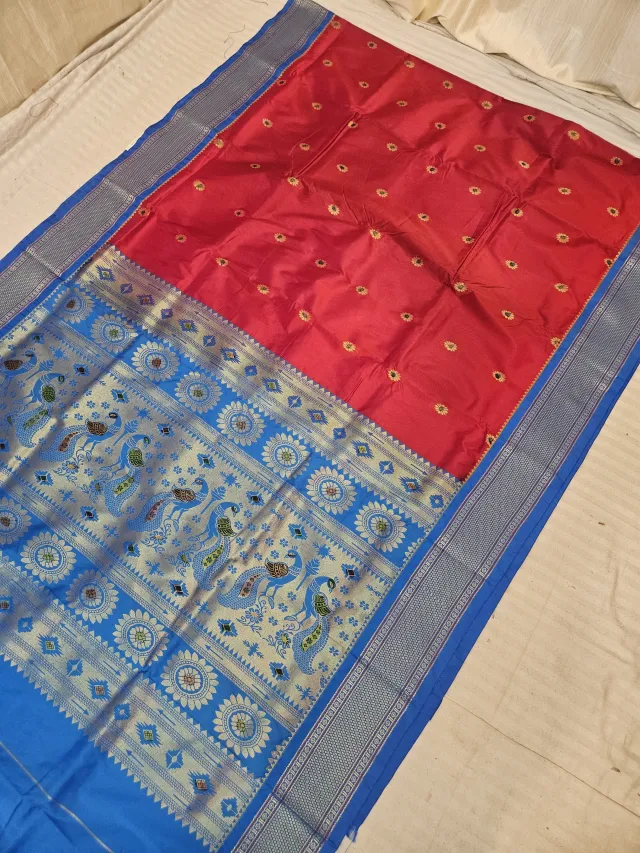 Scarlet Red Soft Silk Paithani Saree with Sky Blue KP Hand Meenakari Mor Pallu
