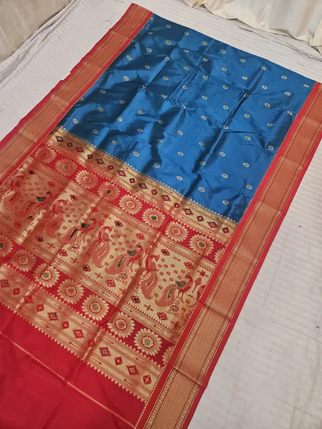 Sky Blue Soft Silk Paithani Saree with Sindoori Red KP Hand Meenakari Mor Pallu