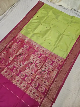 Parrot Green Soft Silk Paithani Saree with Rani Pink KP Hand Meenakari Mor Pallu