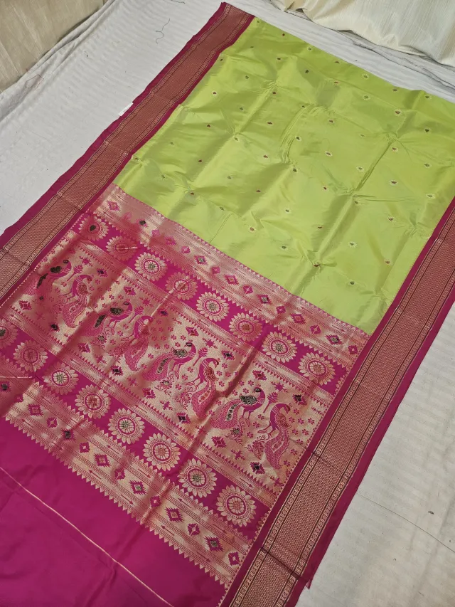 Parrot Green Soft Silk Paithani Saree with Rani Pink KP Hand Meenakari Mor Pallu