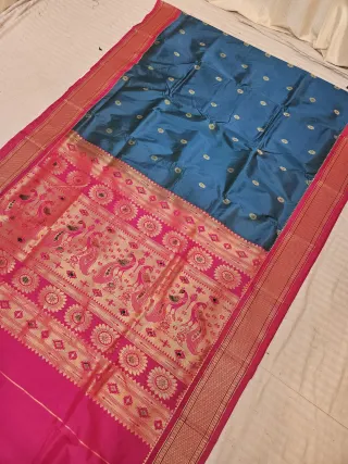 Peacock Blue Soft Silk Paithani Saree with Rani Pink KP Hand Meenakari Mor Pallu