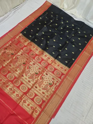 Midnight Black Soft Silk Paithani Saree with Scarlet Red KP Hand Meenakari Mor Pallu